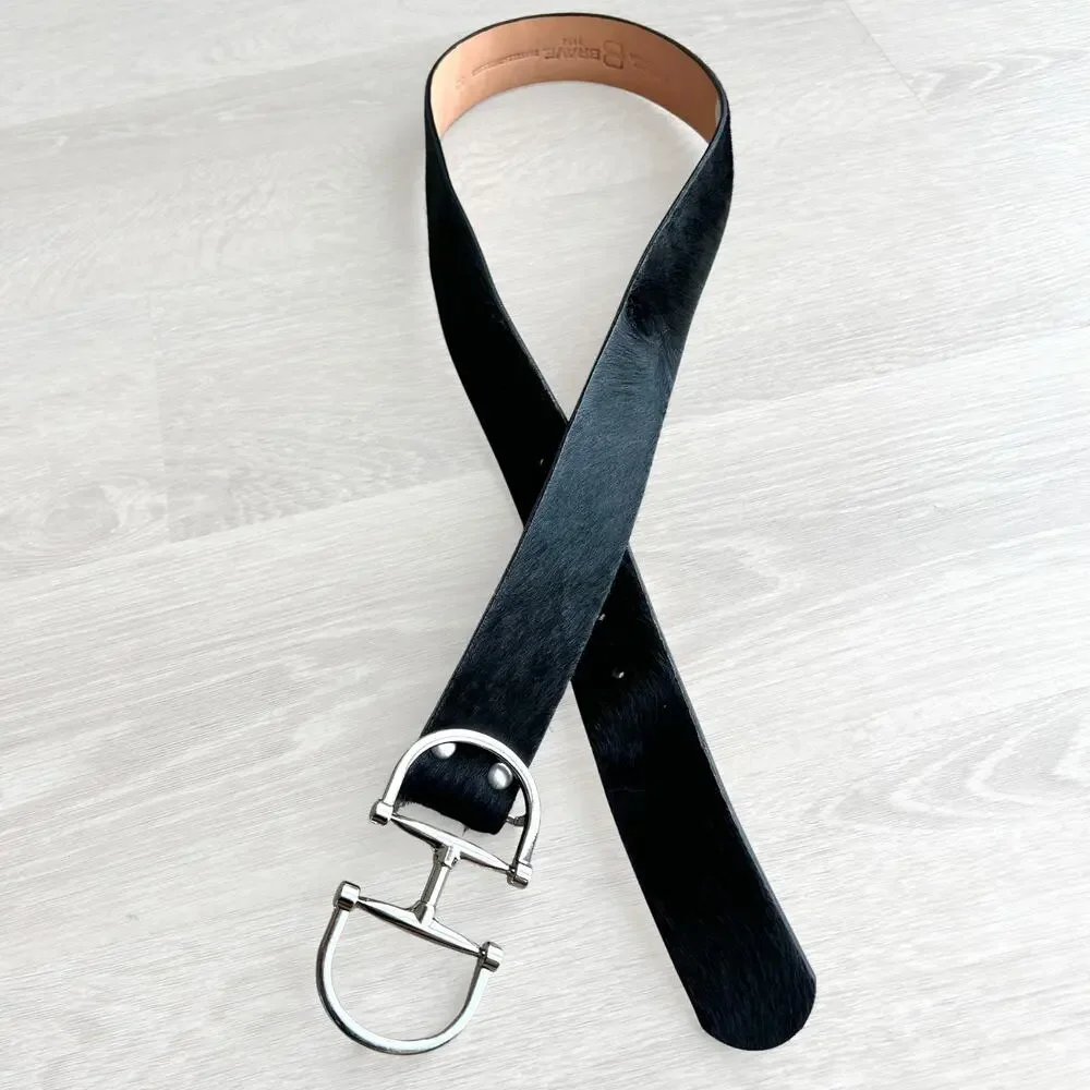 Brave Leather Kasi Hair-On Belt 32 Black Calf Hair Silver Equestrian Buckle EUC - Picture 2 of 13